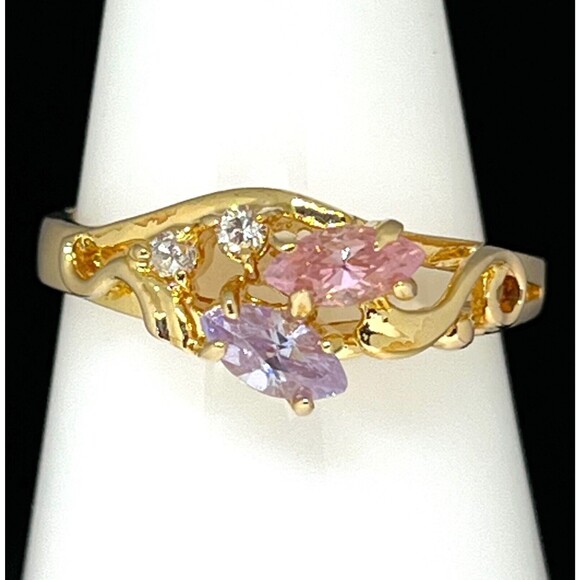 Vintage Ring Size 8 Pink Purple Clear Cubic Zirconia Gold Plate Mid-Century 14L - Picture 6 of 10